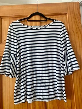 Green Envelope Striped Bell Sleeve Top M Black White Flowy Boho Tee